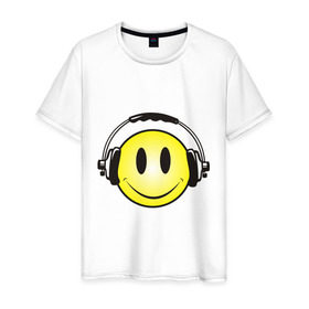 Мужская футболка хлопок с принтом Смайл в наушниках (2) , 100% хлопок | прямой крой, круглый вырез горловины, длина до линии бедер, слегка спущенное плечо. | Тематика изображения на принте: smile | смайл | смайлик | улыбка | шаушники