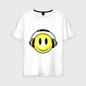 Женская футболка хлопок Oversize с принтом Смайл в наушниках (2) , 100% хлопок | свободный крой, круглый ворот, спущенный рукав, длина до линии бедер
 | smile | смайл | смайлик | улыбка | шаушники