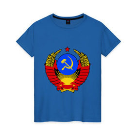 Женская футболка хлопок с принтом СССР (5) , 100% хлопок | прямой крой, круглый вырез горловины, длина до линии бедер, слегка спущенное плечо | герб | коммунизм | молот | серп | советский | союз | ссср