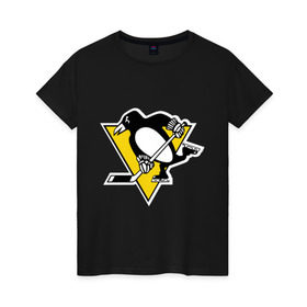 Женская футболка хлопок с принтом Pittsburgh Penguins , 100% хлопок | прямой крой, круглый вырез горловины, длина до линии бедер, слегка спущенное плечо | пингвин