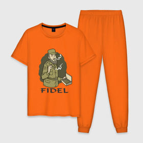 Мужская пижама хлопок с принтом Fidel Castro - Фидель Кастро , 100% хлопок | брюки и футболка прямого кроя, без карманов, на брюках мягкая резинка на поясе и по низу штанин
 | Тематика изображения на принте: castro | cuba | fidel | кастро | куба | лидер | фидель