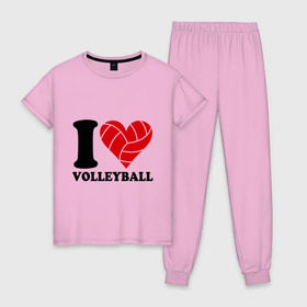 Женская пижама хлопок с принтом I love volleyball - Я люблю волейбол , 100% хлопок | брюки и футболка прямого кроя, без карманов, на брюках мягкая резинка на поясе и по низу штанин | волейбол
