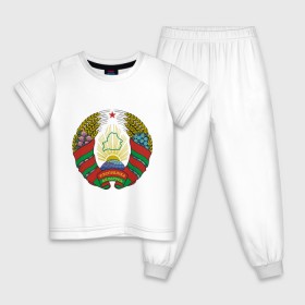 Детская пижама хлопок с принтом Белоруссия герб , 100% хлопок |  брюки и футболка прямого кроя, без карманов, на брюках мягкая резинка на поясе и по низу штанин
 | Тематика изображения на принте: белоруссия | герб | государство | минск | республика | символ | снг | страна