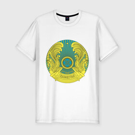 Мужская футболка премиум с принтом Казахстан герб , 92% хлопок, 8% лайкра | приталенный силуэт, круглый вырез ворота, длина до линии бедра, короткий рукав | Тематика изображения на принте: герб | государство | казахстан | символ | снг | страна