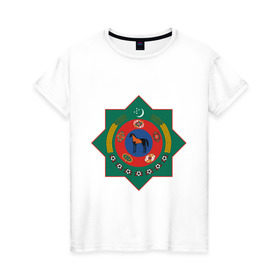 Женская футболка хлопок с принтом Туркмения герб , 100% хлопок | прямой крой, круглый вырез горловины, длина до линии бедер, слегка спущенное плечо | герб | государство | символ | снг | страна | туркмения