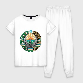 Женская пижама хлопок с принтом Узбекистан герб , 100% хлопок | брюки и футболка прямого кроя, без карманов, на брюках мягкая резинка на поясе и по низу штанин | герб | государство | символ | снг | страна | узбекистан