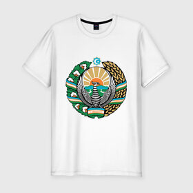 Мужская футболка премиум с принтом Узбекистан герб , 92% хлопок, 8% лайкра | приталенный силуэт, круглый вырез ворота, длина до линии бедра, короткий рукав | герб | государство | символ | снг | страна | узбекистан