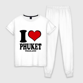 Женская пижама хлопок с принтом I love Phuket , 100% хлопок | брюки и футболка прямого кроя, без карманов, на брюках мягкая резинка на поясе и по низу штанин | слон