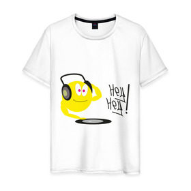 Мужская футболка хлопок с принтом Hey DJ! , 100% хлопок | прямой крой, круглый вырез горловины, длина до линии бедер, слегка спущенное плечо. | Тематика изображения на принте: deejay | hey | вертушки | диджей | пластинка | привет