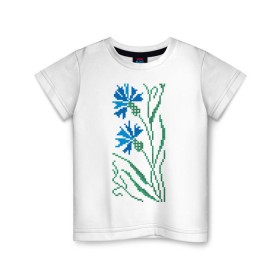 Детская футболка хлопок с принтом Василек-вышивка , 100% хлопок | круглый вырез горловины, полуприлегающий силуэт, длина до линии бедер | василек | вышивать | вышивка | крестик | крестиком | цветок | цветочки | цветы