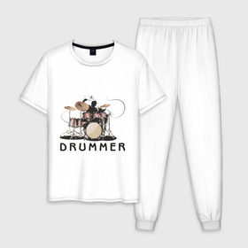 Мужская пижама хлопок с принтом Drummer , 100% хлопок | брюки и футболка прямого кроя, без карманов, на брюках мягкая резинка на поясе и по низу штанин
 | Тематика изображения на принте: drummer | барабанщик | барабаны | драммер | ударник | ударные