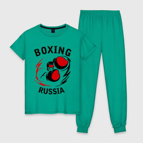 Женская пижама хлопок с принтом Boxing russia forever , 100% хлопок | брюки и футболка прямого кроя, без карманов, на брюках мягкая резинка на поясе и по низу штанин | 