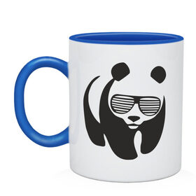 Кружка двухцветная с принтом Панда в очках жалюзи , керамика | объем — 330 мл, диаметр — 80 мм. Цветная ручка и кайма сверху, в некоторых цветах — вся внутренняя часть | Тематика изображения на принте: панда