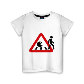 Детская футболка хлопок с принтом Хищный pacman , 100% хлопок | круглый вырез горловины, полуприлегающий силуэт, длина до линии бедер | pacman | голодный колобок.пэкмен | дорожные знаки | пакмен | пешеход