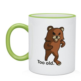 Кружка двухцветная с принтом Pedobear too old , керамика | объем — 330 мл, диаметр — 80 мм. Цветная ручка и кайма сверху, в некоторых цветах — вся внутренняя часть | pedobear | too old | детведь | интернет мем | педабир | педведь | педобер | педобир | педомедведь | педомедвеь | пидобир | слишком старый | чадомиша