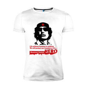 Мужская футболка премиум с принтом Kaddafi hero , 92% хлопок, 8% лайкра | приталенный силуэт, круглый вырез ворота, длина до линии бедра, короткий рукав | Тематика изображения на принте: kadafi | kaddafi | кадафи | каддафи | муамар каддафи