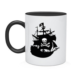 Кружка двухцветная с принтом Пиратский корабль , керамика | объем — 330 мл, диаметр — 80 мм. Цветная ручка и кайма сверху, в некоторых цветах — вся внутренняя часть | pirate | кости | пиратский корабль | пираты | череп