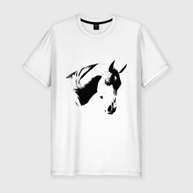 Мужская футболка премиум с принтом Лошадь черно-белая (5) , 92% хлопок, 8% лайкра | приталенный силуэт, круглый вырез ворота, длина до линии бедра, короткий рукав | Тематика изображения на принте: конь | лошадка | лошадь | лошадь черно белая