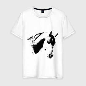 Мужская футболка хлопок с принтом Лошадь черно-белая (5) , 100% хлопок | прямой крой, круглый вырез горловины, длина до линии бедер, слегка спущенное плечо. | Тематика изображения на принте: конь | лошадка | лошадь | лошадь черно белая