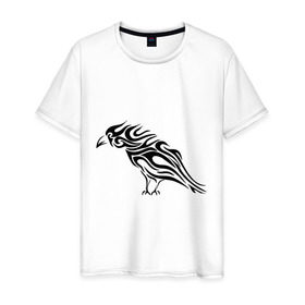 Мужская футболка хлопок с принтом Ворон (Raven) , 100% хлопок | прямой крой, круглый вырез горловины, длина до линии бедер, слегка спущенное плечо. | ворон | ворон тату | ворон трайбл | ворона | ворона трайбл | черная ворона | черная птица | черный ворон