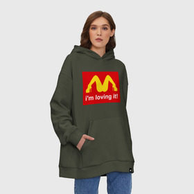 Худи SuperOversize хлопок с принтом i\m lovin\ it! , 70% хлопок, 30% полиэстер, мягкий начес внутри | карман-кенгуру, эластичная резинка на манжетах и по нижней кромке, двухслойный капюшон
 | im lovin it | mcdonalds | быстрое питание | женские ноги | женщина | мак дональдс | макдональдс | ноги | фаст фуд | что я люблю