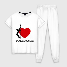 Женская пижама хлопок с принтом I LOVE POLEDANCE , 100% хлопок | брюки и футболка прямого кроя, без карманов, на брюках мягкая резинка на поясе и по низу штанин | poledance | poledanceстрип пластика | девушка на шесте | полидэнс | шест | шестовая пластика | я люблю полидэнс