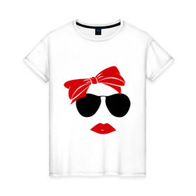 Женская футболка хлопок с принтом Vintage , 100% хлопок | прямой крой, круглый вырез горловины, длина до линии бедер, слегка спущенное плечо | бант | винтаж | губы | девушка | лицо | очки | помада