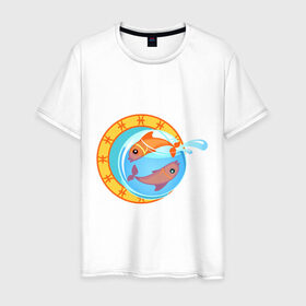 Мужская футболка хлопок с принтом Крутой зодиак - Рыбы , 100% хлопок | прямой крой, круглый вырез горловины, длина до линии бедер, слегка спущенное плечо. | знаки зодиака | зодиак | рыба | рыбка | рыбы