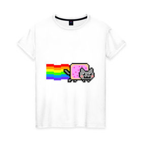 Женская футболка хлопок с принтом Nyan Cat , 100% хлопок | прямой крой, круглый вырез горловины, длина до линии бедер, слегка спущенное плечо | nyan cat | интернет приколы | кошка | нян кэт