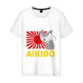 Мужская футболка хлопок с принтом Айкидо флаг серый , 100% хлопок | прямой крой, круглый вырез горловины, длина до линии бедер, слегка спущенное плечо. | Тематика изображения на принте: айкидо