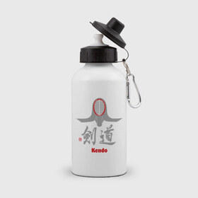 Бутылка спортивная с принтом Кендо маска иероглиф , металл | емкость — 500 мл, в комплекте две пластиковые крышки и карабин для крепления | kendo | иероглиф | кендо | кендо иероглиф | лого | маска