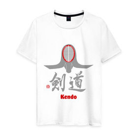 Мужская футболка хлопок с принтом Кендо маска иероглиф , 100% хлопок | прямой крой, круглый вырез горловины, длина до линии бедер, слегка спущенное плечо. | kendo | иероглиф | кендо | кендо иероглиф | лого | маска