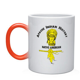 Кружка хамелеон с принтом Apache Indian History 1 , керамика | меняет цвет при нагревании, емкость 330 мл | american | native | америка | апачи | вождь | индеец | индейцы | исторический | история | коренные американцы | перья