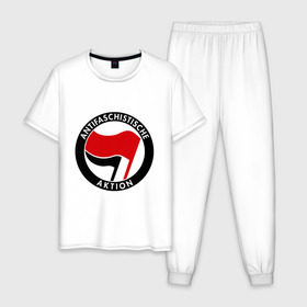Мужская пижама хлопок с принтом Antifa (1) , 100% хлопок | брюки и футболка прямого кроя, без карманов, на брюках мягкая резинка на поясе и по низу штанин
 | antifa | антифа | антифашизм | антифашистское движение | знак антифа | против фашизма | фашизм
