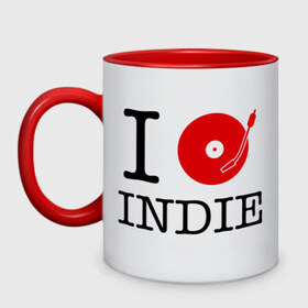 Кружка двухцветная с принтом I love Indie , керамика | объем — 330 мл, диаметр — 80 мм. Цветная ручка и кайма сверху, в некоторых цветах — вся внутренняя часть | Тематика изображения на принте: i love | i love indie | indie | винил | виниловая пластинка | люблю indie | я люблю | я люблю indie