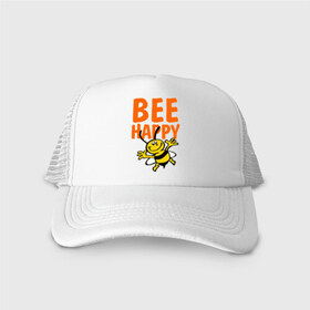 Кепка тракер с сеткой с принтом BeeHappy , трикотажное полотно; задняя часть — сетка | длинный козырек, универсальный размер, пластиковая застежка | веселая | насекомое | настроение | позитив | пчела | пчелка | счастливый | счастье | эмоции