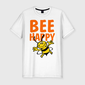 Мужская футболка премиум с принтом BeeHappy , 92% хлопок, 8% лайкра | приталенный силуэт, круглый вырез ворота, длина до линии бедра, короткий рукав | веселая | насекомое | настроение | позитив | пчела | пчелка | счастливый | счастье | эмоции