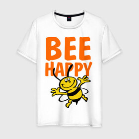 Мужская футболка хлопок с принтом BeeHappy , 100% хлопок | прямой крой, круглый вырез горловины, длина до линии бедер, слегка спущенное плечо. | веселая | насекомое | настроение | позитив | пчела | пчелка | счастливый | счастье | эмоции