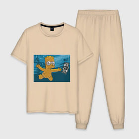 Мужская пижама хлопок с принтом Nevermind (Simpsons) , 100% хлопок | брюки и футболка прямого кроя, без карманов, на брюках мягкая резинка на поясе и по низу штанин
 | Тематика изображения на принте: nevermind | nevermind simpsons | nirvana | nirvana nevermind | rock | simpsons | нирвана | нирвана nevermind | нирвана симпсонс | ребенок | рок | символика nirvana | символика нирвана | симпсонс