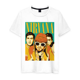 Мужская футболка хлопок с принтом Nirvana(3) , 100% хлопок | прямой крой, круглый вырез горловины, длина до линии бедер, слегка спущенное плечо. | Тематика изображения на принте: nirvana | nirvana лица | rock | нирвана | нирвана лица | рок | символика nirvana | символика нирвана