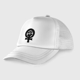 Детская кепка тракер с принтом эмблема феминизма , Козырек - 100% хлопок. Кепка - 100% полиэстер, Задняя часть - сетка | универсальный размер, пластиковая застёжка | Тематика изображения на принте: женщины | кулак | мужчины | отношения | феминистка
