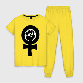 Женская пижама хлопок с принтом эмблема феминизма , 100% хлопок | брюки и футболка прямого кроя, без карманов, на брюках мягкая резинка на поясе и по низу штанин | женщины | кулак | мужчины | отношения | феминистка