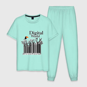 Мужская пижама хлопок с принтом Digital World , 100% хлопок | брюки и футболка прямого кроя, без карманов, на брюках мягкая резинка на поясе и по низу штанин
 | digital world | деревья | птица | птичка | цифра | цифровой мир | штриф код | штрих код | штрихкод