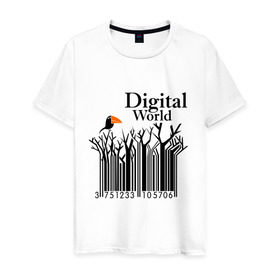Мужская футболка хлопок с принтом Digital World , 100% хлопок | прямой крой, круглый вырез горловины, длина до линии бедер, слегка спущенное плечо. | digital world | деревья | птица | птичка | цифра | цифровой мир | штриф код | штрих код | штрихкод