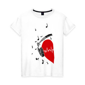 Женская футболка хлопок с принтом Сердце в наушниках на двоих , 100% хлопок | прямой крой, круглый вырез горловины, длина до линии бедер, слегка спущенное плечо | влюбленным | вместе | для влюбленных | звуки | любовь | музыка | наушники | отношения | парные | пульс | сердце