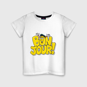 Детская футболка хлопок с принтом Bonjour - Привет! , 100% хлопок | круглый вырез горловины, полуприлегающий силуэт, длина до линии бедер | Тематика изображения на принте: bon jour | бон жур | смайл | француз