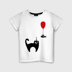 Детская футболка хлопок с принтом Кот и рыбка (1) , 100% хлопок | круглый вырез горловины, полуприлегающий силуэт, длина до линии бедер | Тематика изображения на принте: киса | кот | котенок | котик | кошка | кошки | рыбка