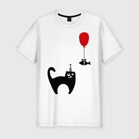 Мужская футболка премиум с принтом Кот и рыбка (1) , 92% хлопок, 8% лайкра | приталенный силуэт, круглый вырез ворота, длина до линии бедра, короткий рукав | киса | кот | котенок | котик | кошка | кошки | рыбка