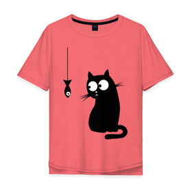 Мужская футболка хлопок Oversize с принтом Кот и рыба , 100% хлопок | свободный крой, круглый ворот, “спинка” длиннее передней части | киса | киска | котенок | котик | котэ | кошка | рыбка