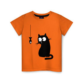 Детская футболка хлопок с принтом Кот и рыба , 100% хлопок | круглый вырез горловины, полуприлегающий силуэт, длина до линии бедер | Тематика изображения на принте: киса | киска | котенок | котик | котэ | кошка | рыбка